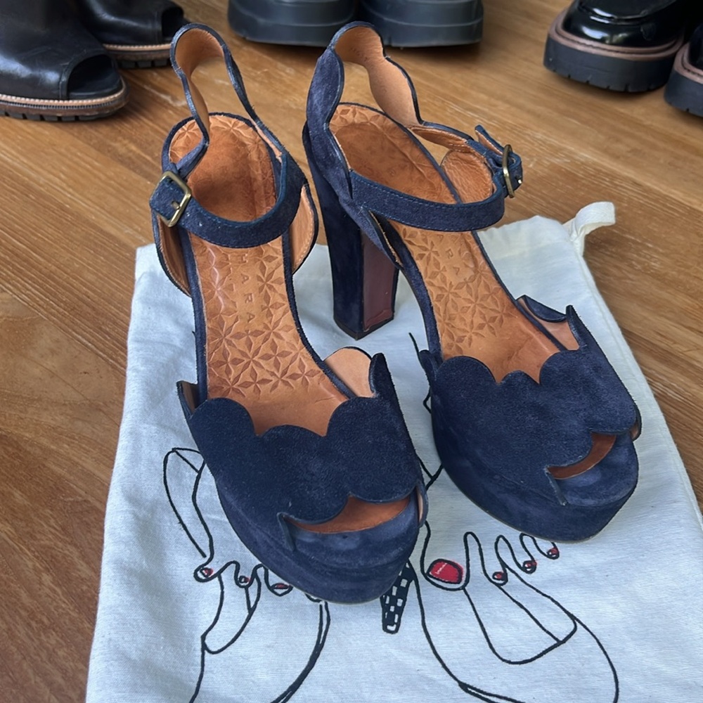 Chie Mihara Women's Evolet Blue Suede Heeled Sandal with Scallop - Picture 3 of 6